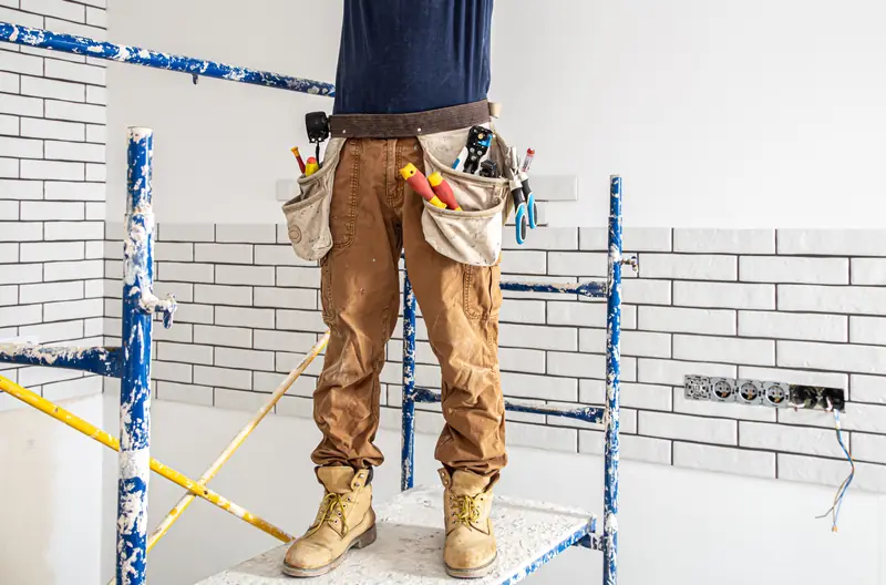 Artisan peintre sur échafaudage intérieur lors de travaux de rénovation